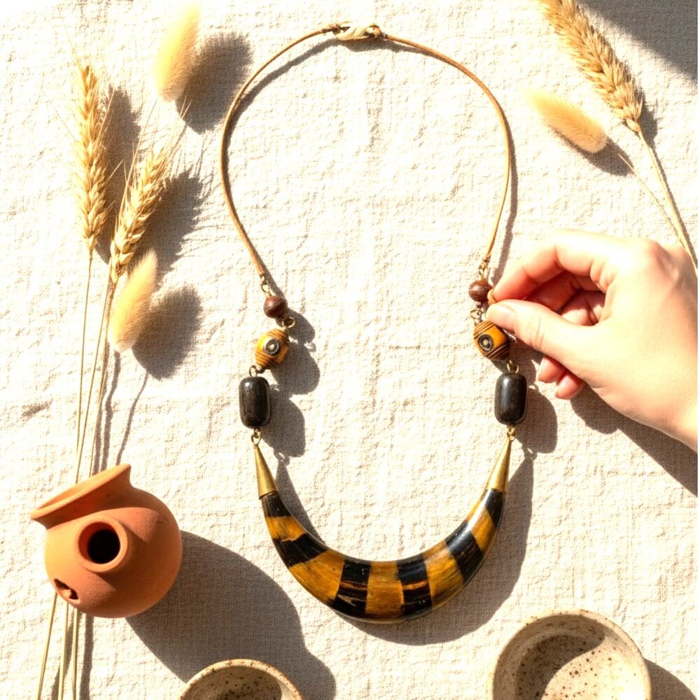 Vintage Tribal Wood Statement Necklace – Boho Artisan Bib Necklace